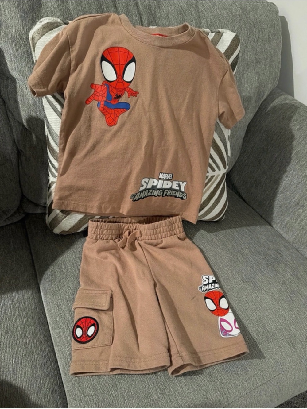 Marvel Spidey Tan Tee & Shorts Set with Red & Blue Graphics
